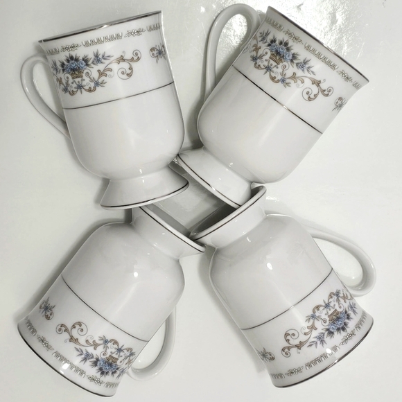 Diane by Fine China of Japan Blue Flower Scrolls - Set of 4 Footed Coffee Cups - Picture 1 of 16